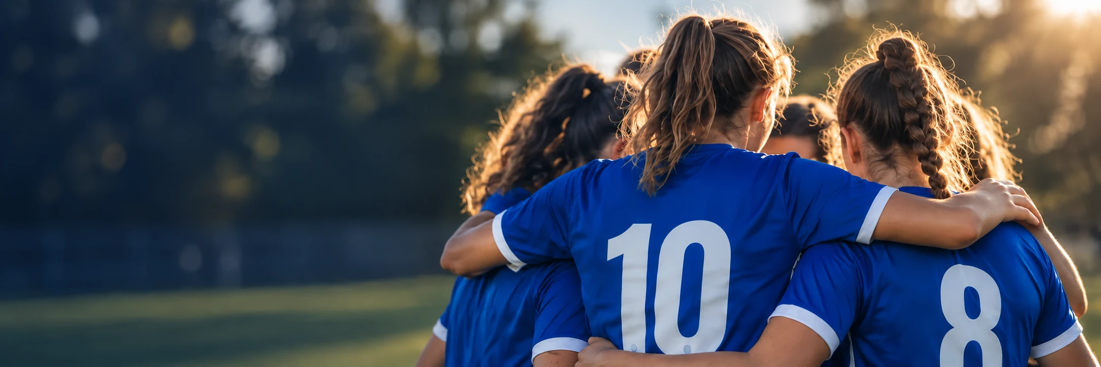 KI-Muster: Fiktive Fußballerinnen in blauen Trikots stehen gemeinsam auf dem Platz.