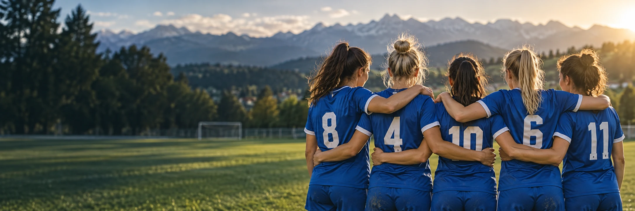 KI-Muster: Fiktive Fußballerinnen in blauen Trikots stehen gemeinsam auf dem Platz.